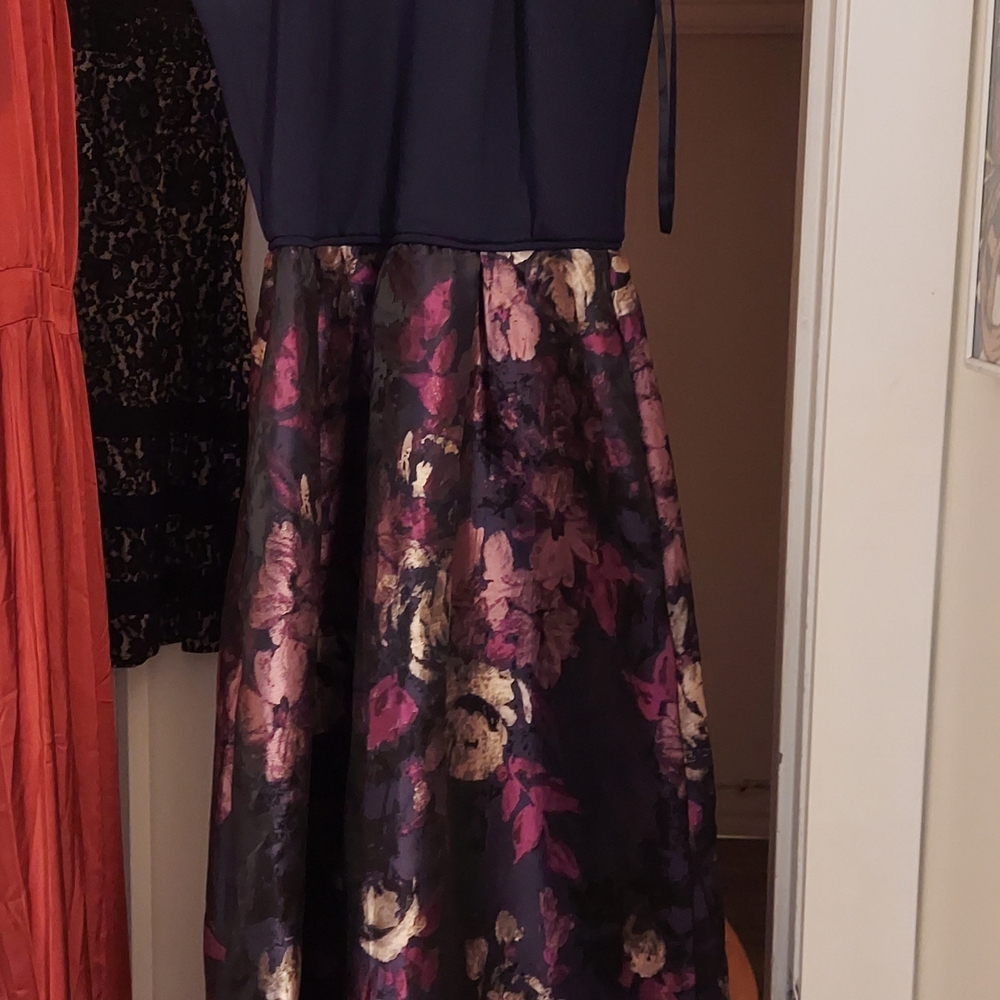 SLNY Navy Dress with Floral Accents